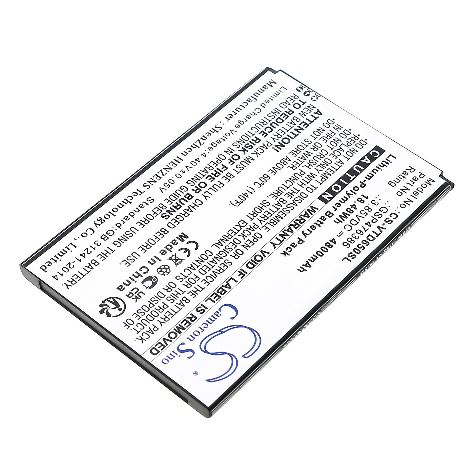 Li-Polymer, Mobile, SmartPhone Battery fits Vortex Hd65 +, Hd65plus, 3.85V, 4800mAh Mobile, SmartPhone Cameron Sino Technology Limited