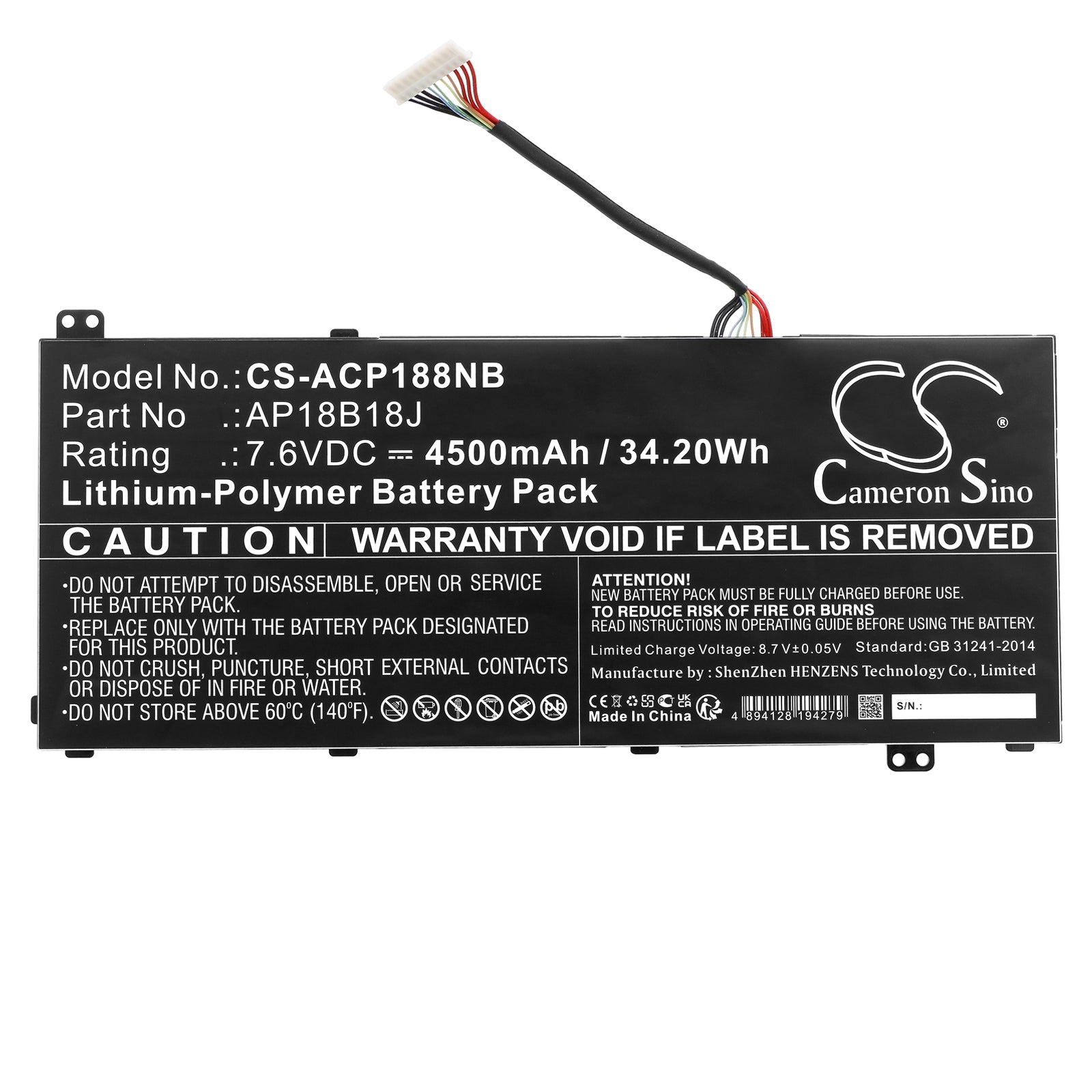 Li-Polymer, Notebook, Laptop Battery fits Acer Aspire 3 A314-32, Aspire 3 A314-32-33, 7.6V, 4500mAh Notebook, Laptop Cameron Sino Technology Limited