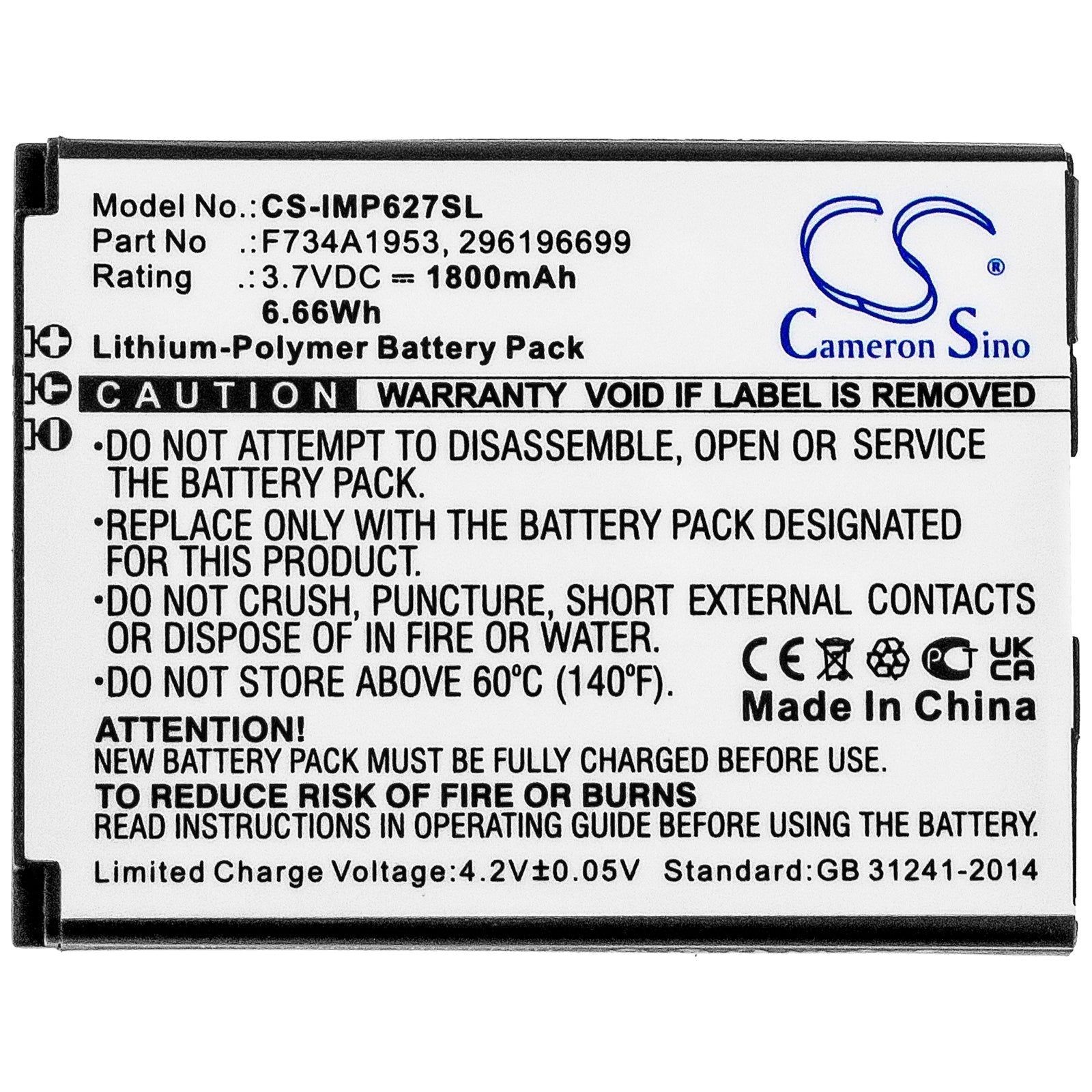 Li-Polymer, Payment Terminal Battery fits Ingenico Imp627, Imp627-usblu01a, 3.7V, 1800mAh Payment Terminal Cameron Sino Technology Limited