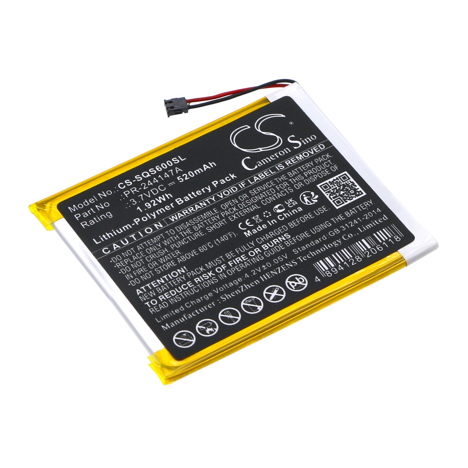 Li-Polymer, Payment Terminal Battery fits Square S6, S8, 3.7V, 520mAh Payment Terminal Cameron Sino Technology Limited