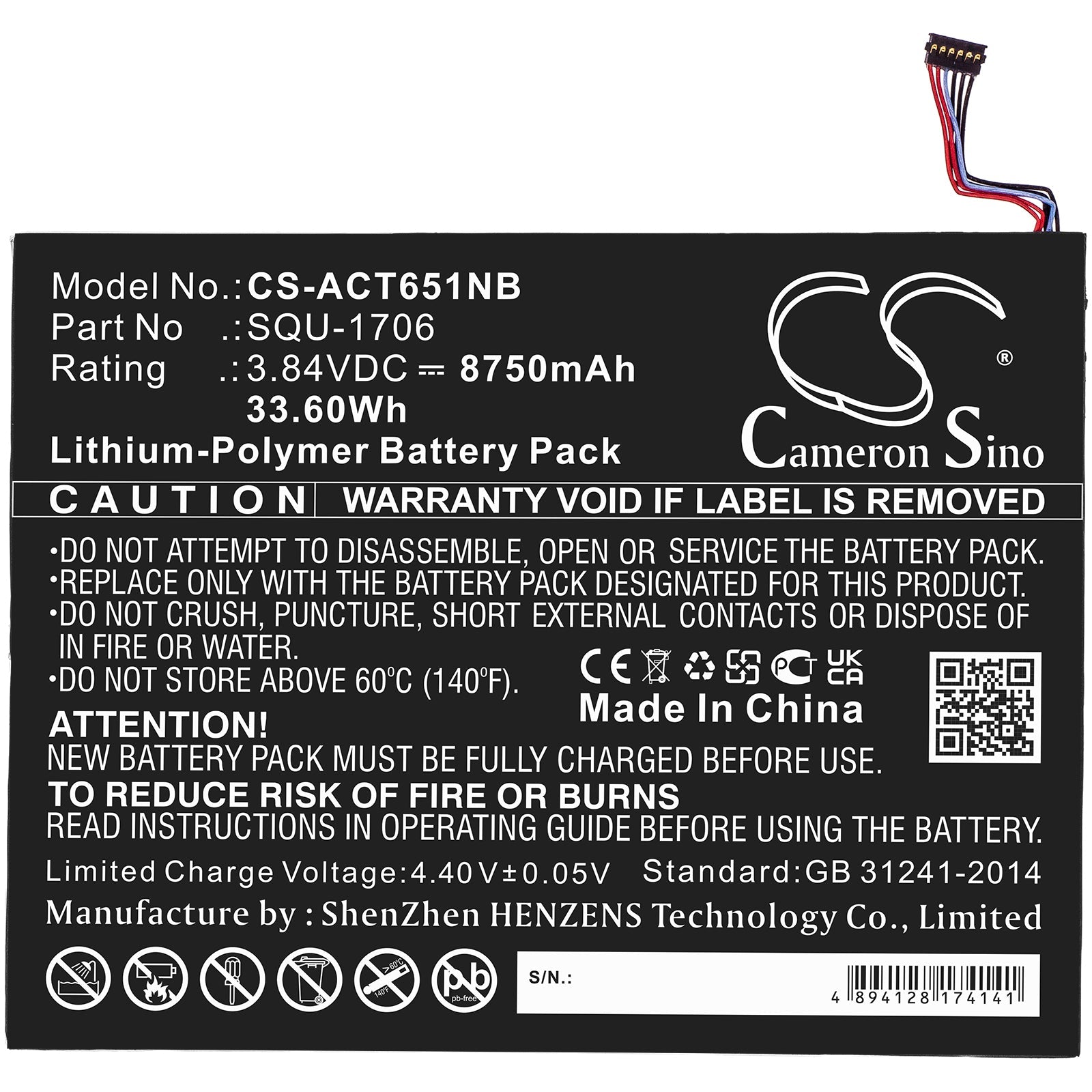 Li-Polymer, Tablet Battery fits Acer Chromebook Tab 10, D651n, 3.84V, 8750mAh Tablet Cameron Sino Technology Limited