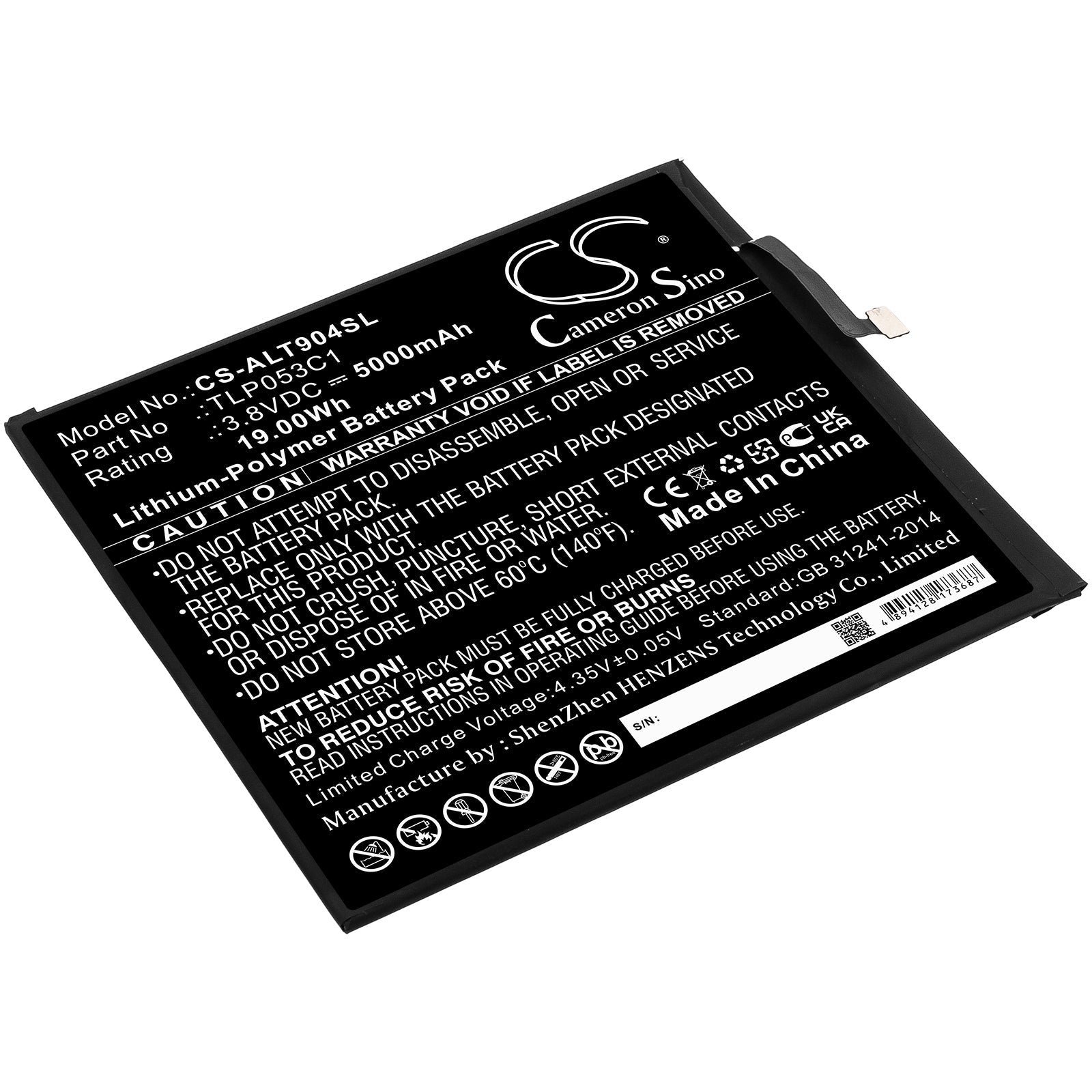 Li-Polymer, Tablet Battery fits Alcatel 9048s, Tab 8, 3.8V, 5000mAh Tablet Cameron Sino Technology Limited