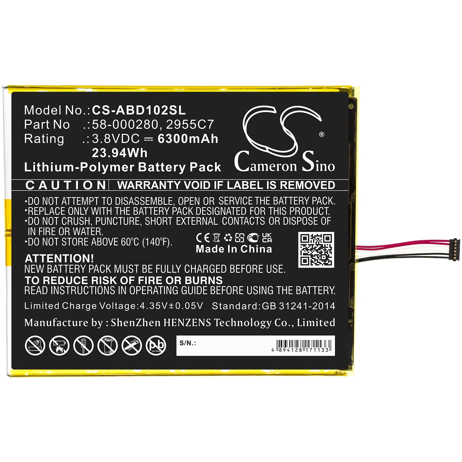 Li-Polymer, Tablet Battery fits Amazon Kindle Fire Hd 10.1 9th, M2v3r5, 3.8V, 6300mAh Tablet Cameron Sino Technology Limited