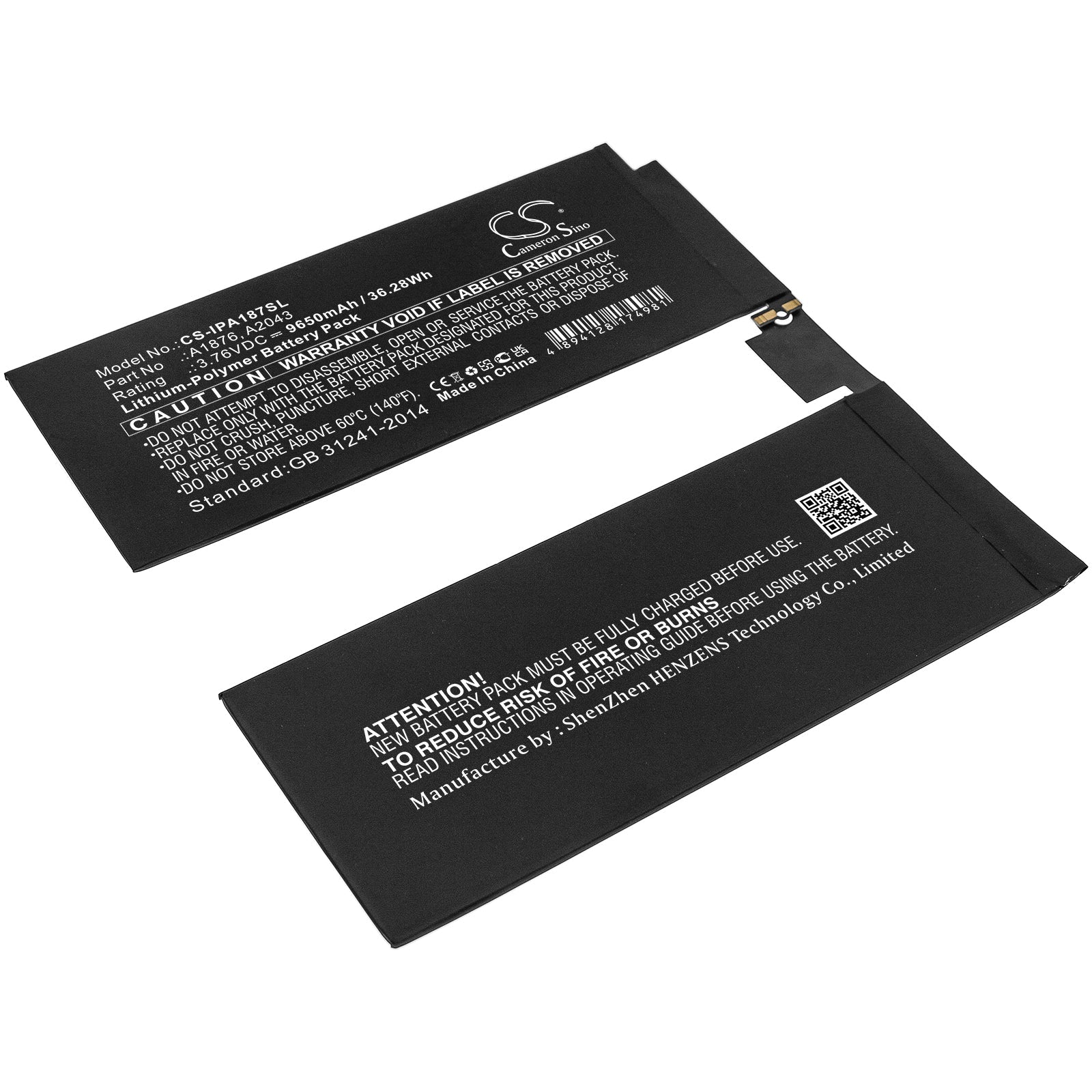 Li-Polymer, Tablet Battery fits Apple A1876, A1895, 3.76V, 9650mAh Tablet Cameron Sino Technology Limited