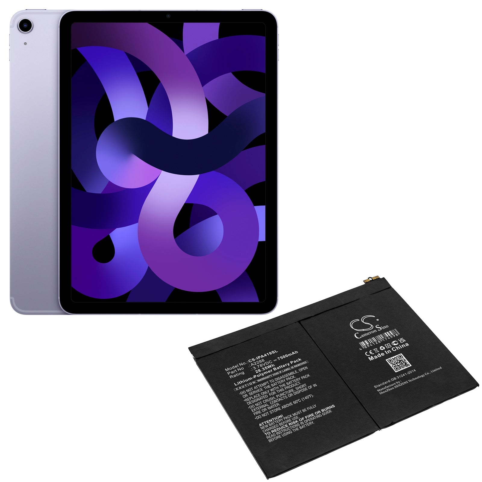 Li-Polymer, Tablet Battery fits Apple A2072, A2316, 3.78V, 7500mAh Tablet Cameron Sino Technology Limited