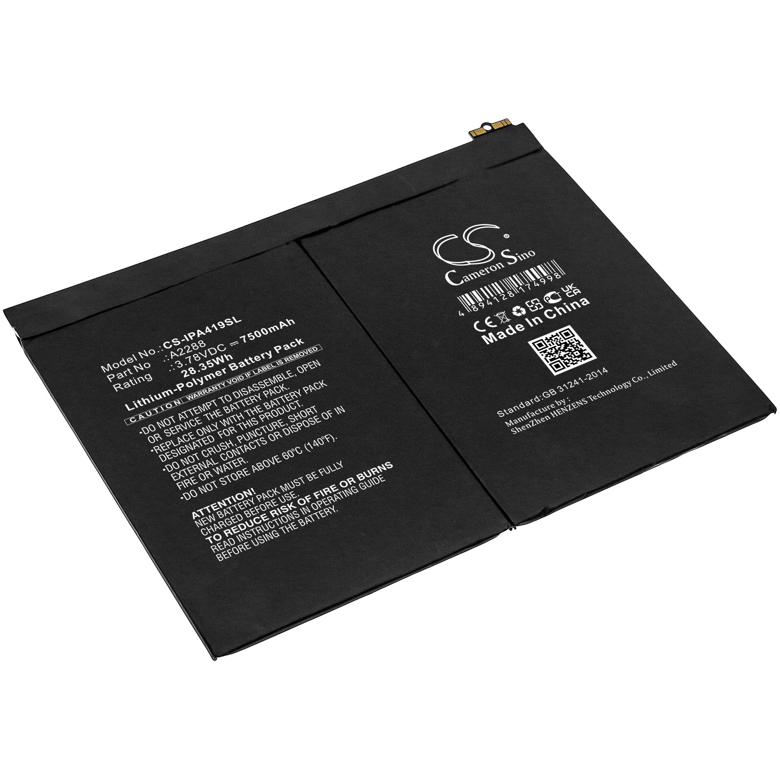 Li-Polymer, Tablet Battery fits Apple A2072, A2316, 3.78V, 7500mAh Tablet Cameron Sino Technology Limited