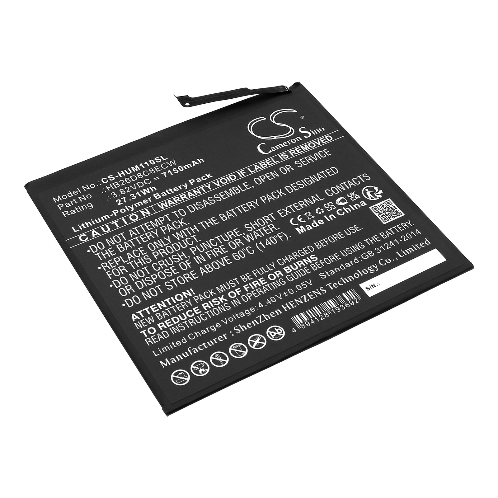 Li-Polymer, Tablet Battery fits Huawei Dby-w09, Matepad 11, 3.82V, 7150mAh Tablet Cameron Sino Technology Limited