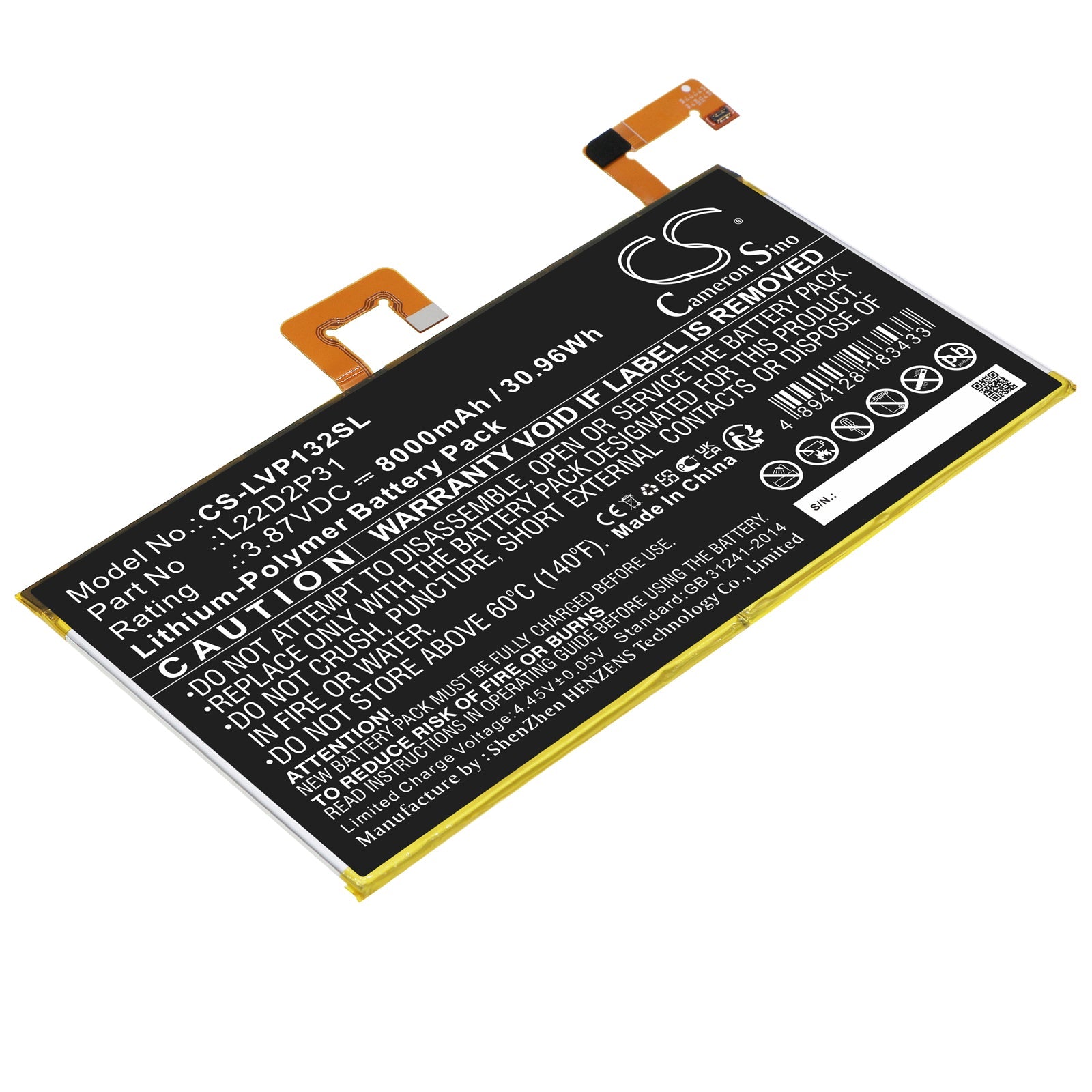Li-Polymer, Tablet Battery fits Lenovo Tab P11 Pro, Tb132f, 3.87V, 8000mAh Tablet Cameron Sino Technology Limited