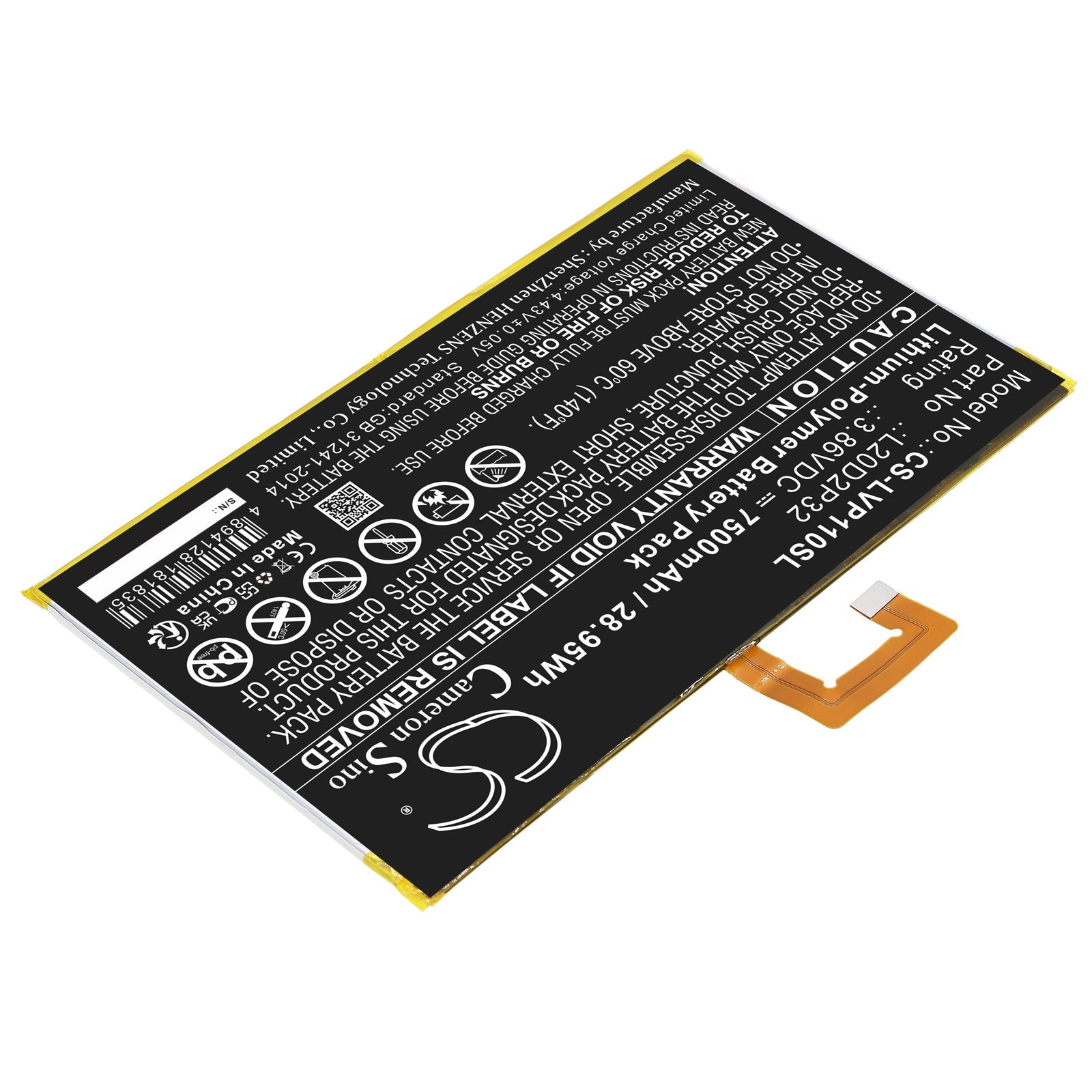 Li-Polymer, Tablet Battery fits Lenovo Tab P11, Tab P11 5g, 3.86V, 7500mAh Tablet Cameron Sino Technology Limited
