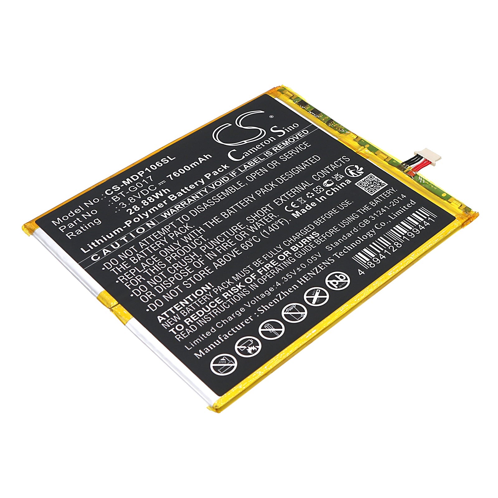Li-Polymer, Tablet Battery fits Medion Lifetab P10602, 3.8V, 7600mAh Tablet Cameron Sino Technology Limited