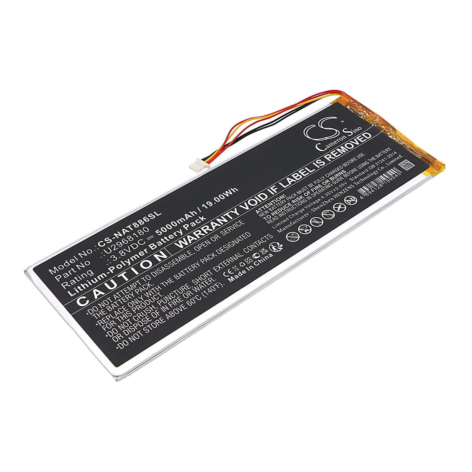 Li-Polymer, Tablet Battery fits Onn 100011886, Nsurf Tablet 10" Gen 2, 3.8V, 5000mAh Tablet Cameron Sino Technology Limited