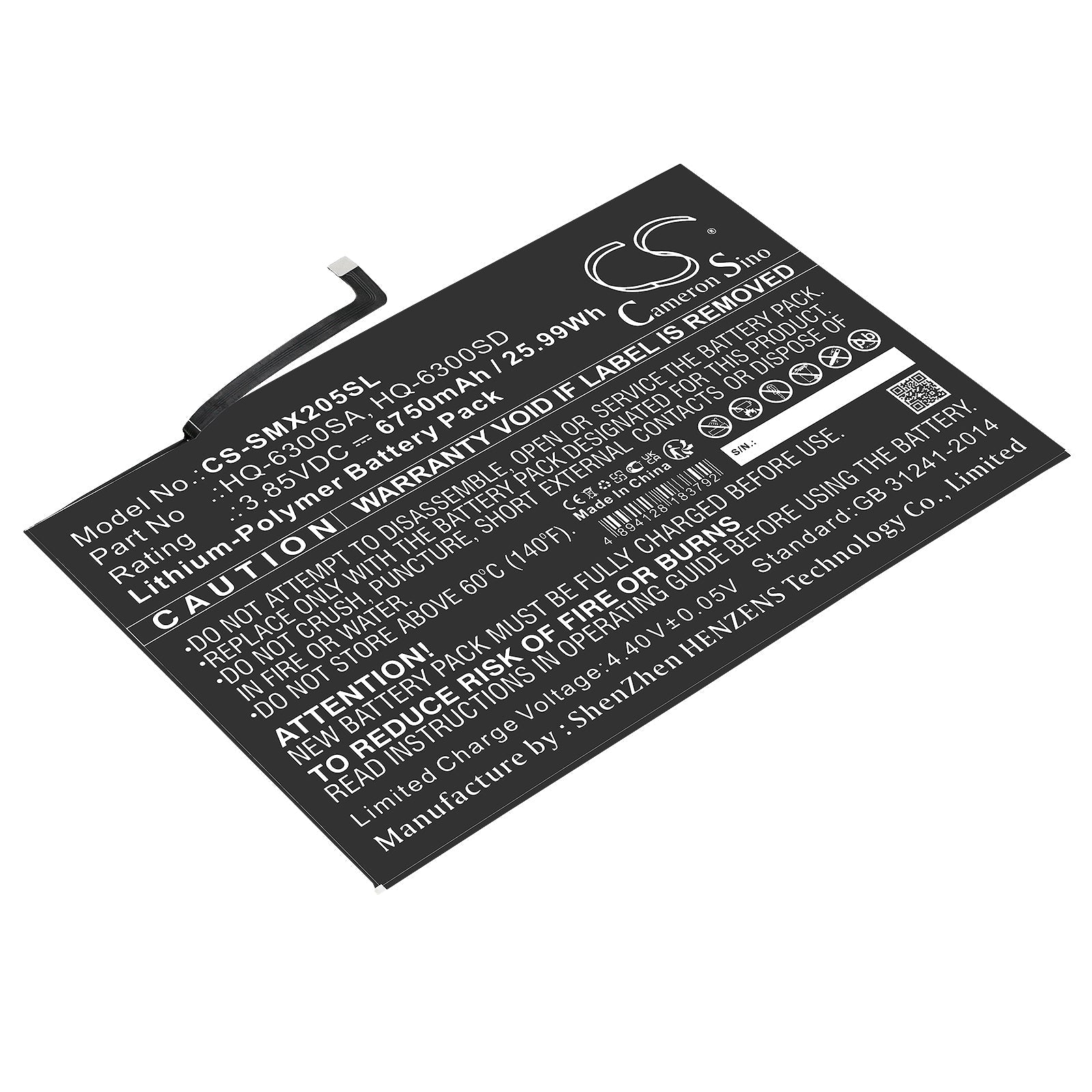 Li-Polymer, Tablet Battery fits Samsung Sm-x200, Sm-x205, 3.85V, 6750mAh Tablet Cameron Sino Technology Limited