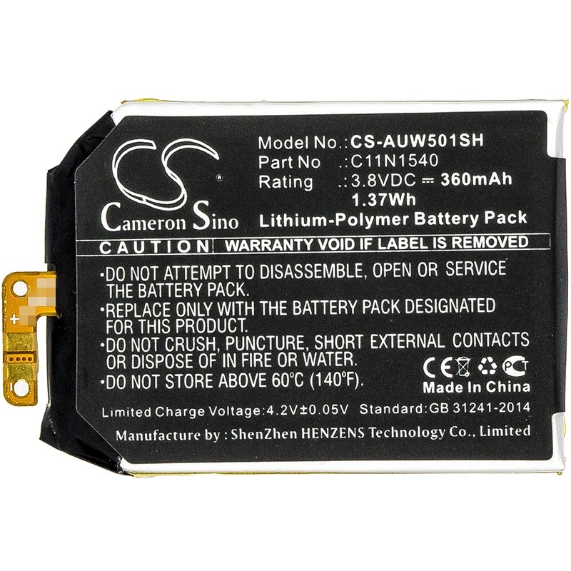 Li-Polymer Battery fits Asus, Wi501q, Wi501qf, Zenwatch 2 Wi501qf 3.8V, 360mAh Smartwatch Cameron Sino Technology Limited