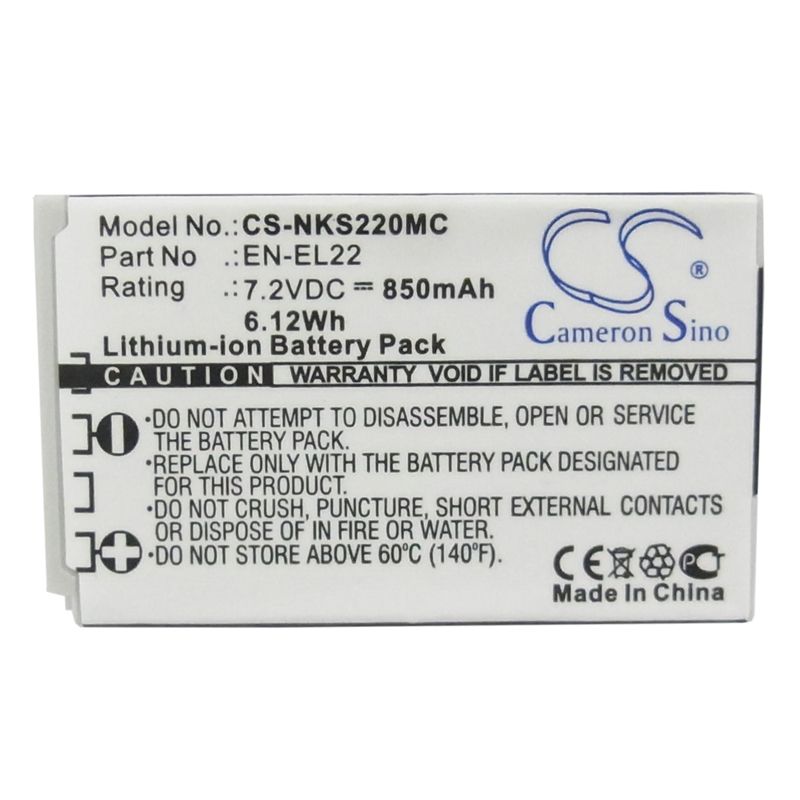 Li-ion Battery fits Nikon, 1 J4, 1 S2 7.2V, 850mAh Camera Cameron Sino Technology Limited
