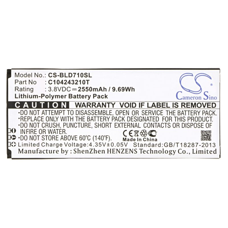 Li-Polymer Battery fits Blu, d710, d710x, n030 3.8V, 2550mAh Mobile & SmartPhone Cameron Sino Technology Limited