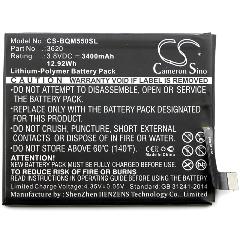 Li-Polymer Battery fits Bq, aquaris m5.5 3.8V, 3400mAh Mobile & SmartPhone Cameron Sino Technology Limited