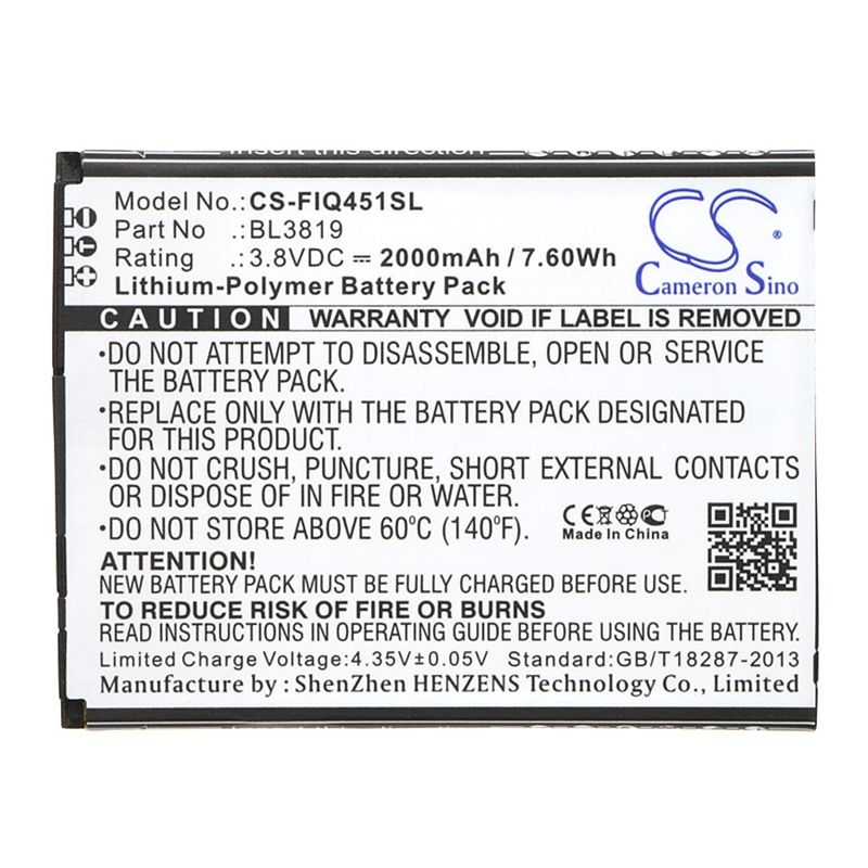 Li-Polymer Battery fits Fly, iq4514, iq4514 quad evo tech 4 3.8V, 2000mAh Mobile & SmartPhone Cameron Sino Technology Limited