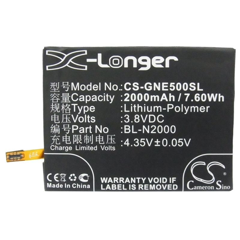 Li-Polymer Battery fits Gionee, e5, elife e5 3.8V, 2000mAh Communications Cameron Sino Technology Limited (Suspended)