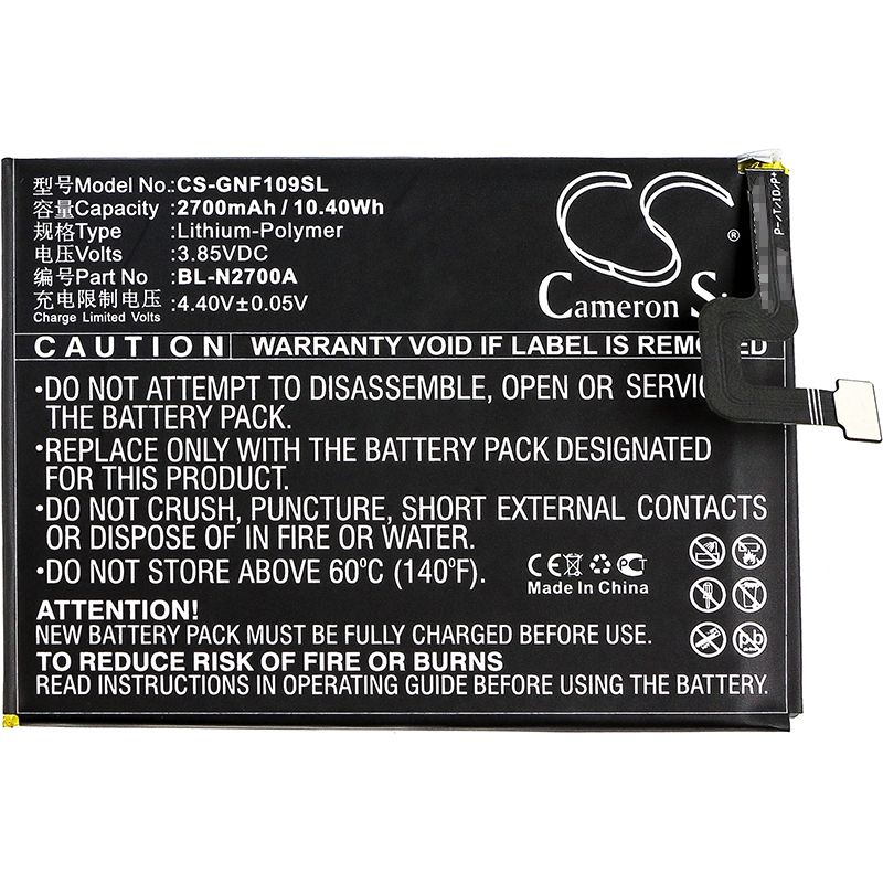Li-Polymer Battery fits Gionee, f109, f109l, f109n 3.85V, 2700mAh Communications Cameron Sino Technology Limited (Suspended)