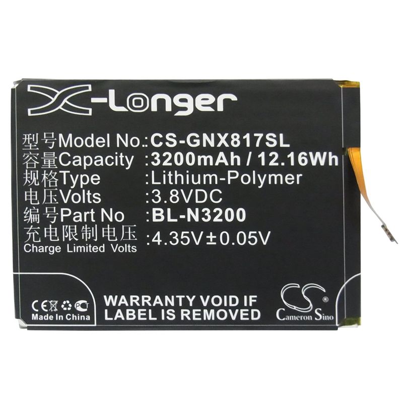 Li-Polymer Battery fits Gionee, x817 3.8V, 3200mAh Communications Cameron Sino Technology Limited (Suspended)