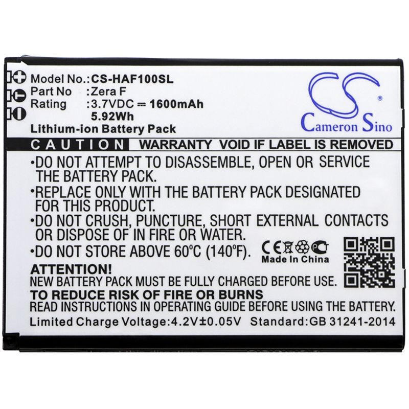 Li-ion Battery fits Highscreen, zera f 3.7V, 1600mAh Mobile & SmartPhone Cameron Sino Technology Limited