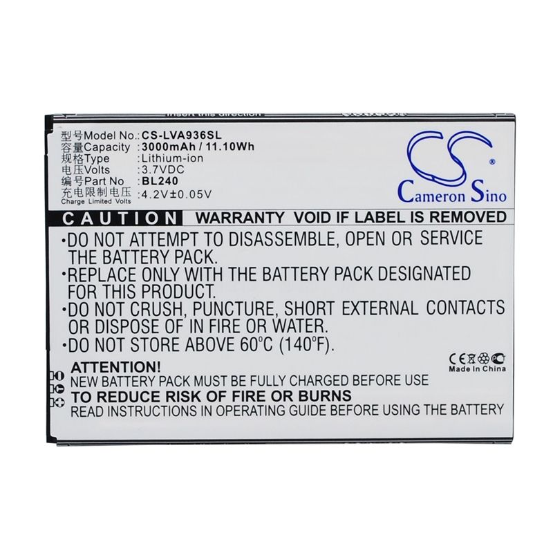 Li-Polymer Battery fits Lenovo, a936 3.7V, 3000mAh Mobile & SmartPhone Cameron Sino Technology Limited