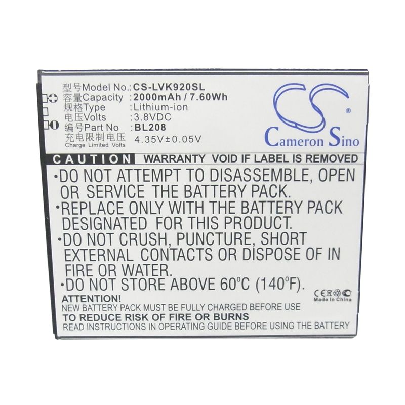 Li-ion Battery fits Lenovo, s920 3.8V, 2000mAh Mobile & SmartPhone Cameron Sino Technology Limited