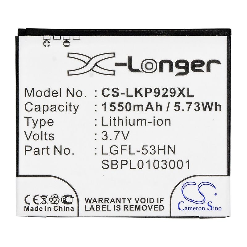 Li-ion Battery fits Lg, c729, doubleplay, g2x 3.7V, 1550mAh Communications Cameron Sino Technology Limited (Suspended)