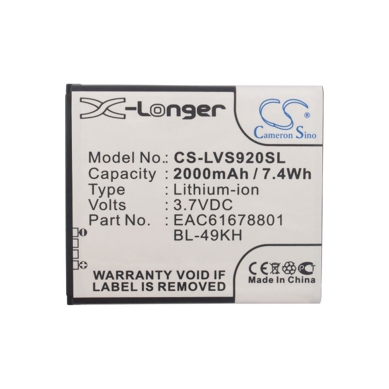 Li-ion Battery fits Lg, lu6200, nitro hd, optimus 4g lte 3.7V, 2000mAh Communications Cameron Sino Technology Limited