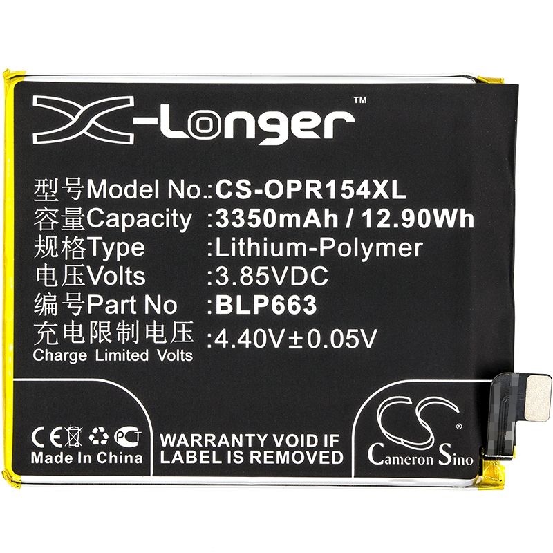Li-Polymer Battery fits Oppo, cph1835, pacm00, pact00 3.85V, 3350mAh Communications Cameron Sino Technology Limited (Suspended)