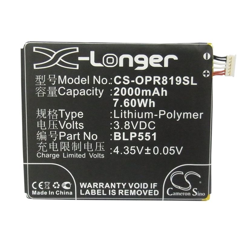 Li-Polymer Battery fits Oppo, find mirror, find muse, r809t 3.8V, 2000mAh Communications Cameron Sino Technology Limited (Suspended)