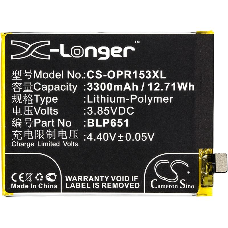 Li-Polymer Battery fits Oppo, paam00, paat00, r15 dme 4g+ 3.85V, 3300mAh Mobile & SmartPhone Cameron Sino Technology Limited