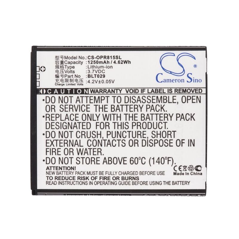 Li-ion Battery fits Oppo, r815t, r821t, r833t 3.7V, 1250mAh Communications Cameron Sino Technology Limited (Suspended)