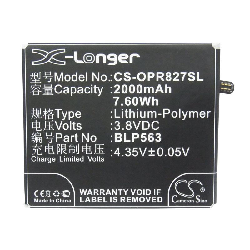 Li-Polymer Battery fits Oppo, r827, r827t, r850 3.8V, 2000mAh Communications Cameron Sino Technology Limited (Suspended)