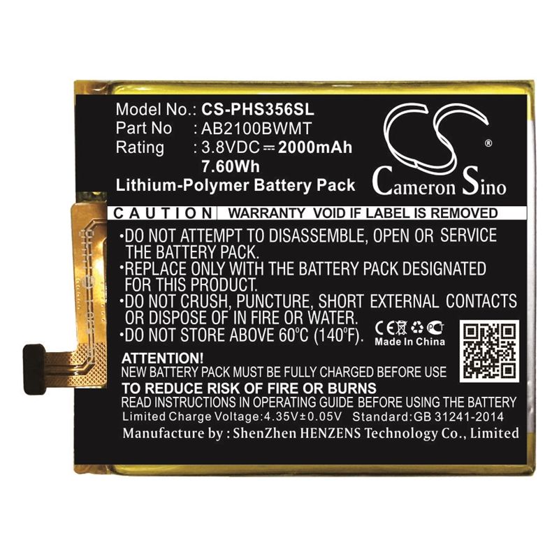 Li-Polymer Battery fits Philips, xenium s356t 3.8V, 2000mAh Mobile & SmartPhone Cameron Sino Technology Limited