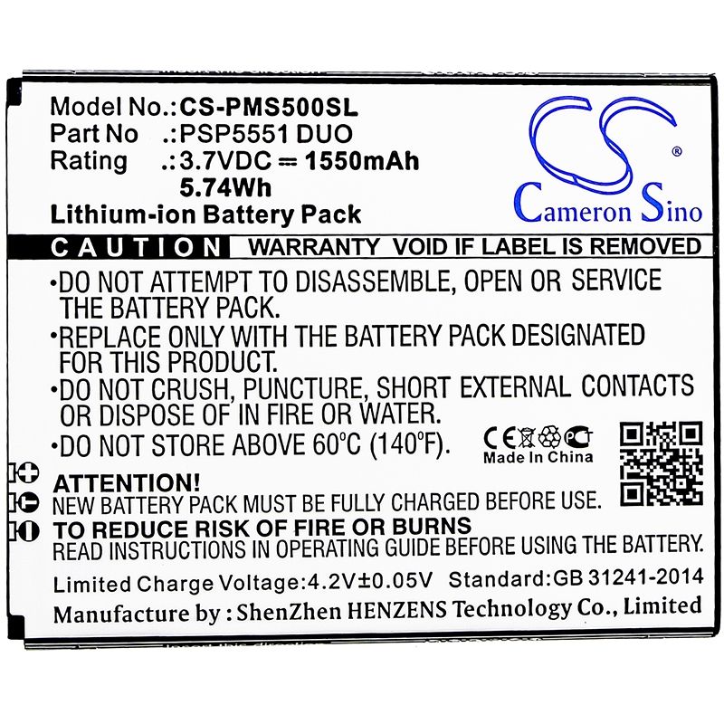 Li-ion Battery fits Prestigio, grace s5, psp5551 duo 3.7V, 1550mAh Mobile & SmartPhone Cameron Sino Technology Limited