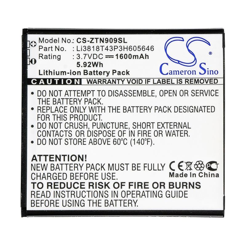 Li-ion Battery fits Srf, startrall 4, zte, n909 3.7V, 1600mAh Mobile & SmartPhone Cameron Sino Technology Limited