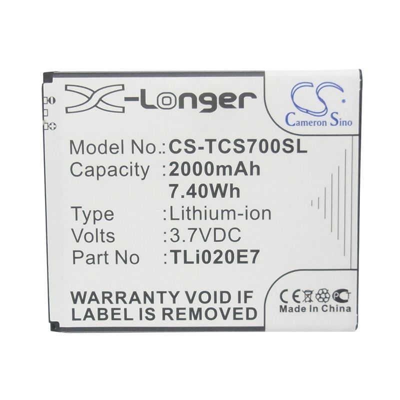 Li-ion Battery fits Tcl, j620, s700t 3.7V, 2000mAh Mobile & SmartPhone Cameron Sino Technology Limited