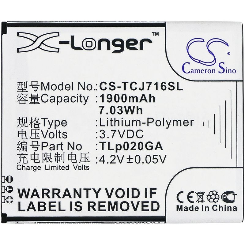 Li-Polymer Battery fits Tcl, j716d 3.7V, 1900mAh Mobile & SmartPhone Cameron Sino Technology Limited