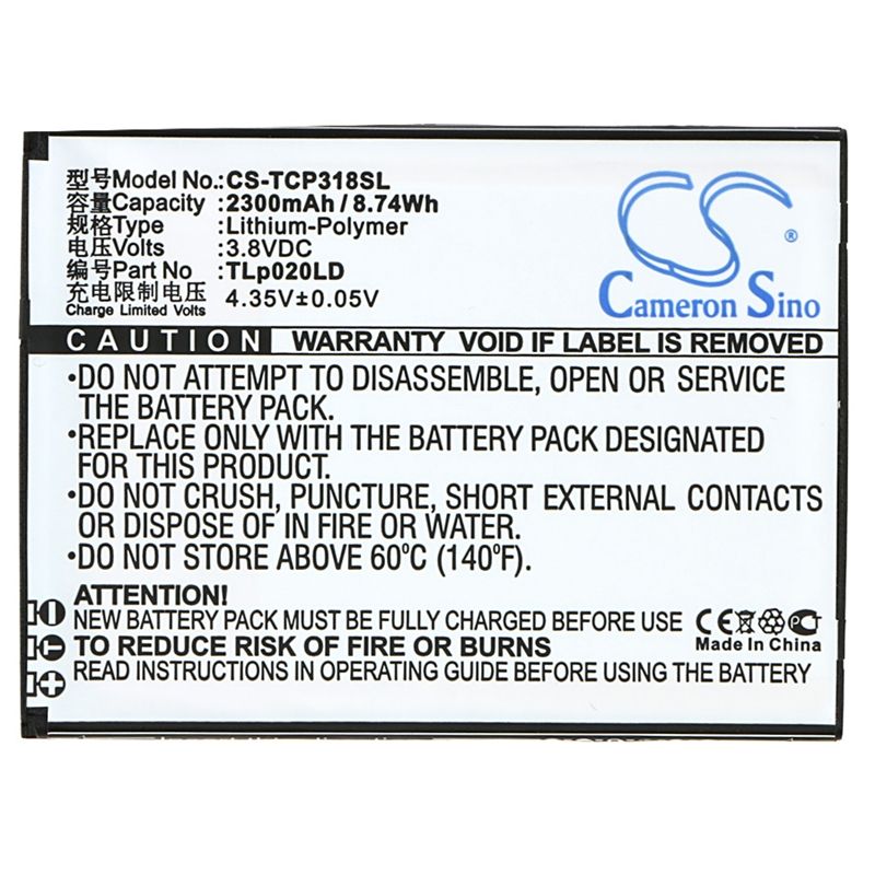 Li-Polymer Battery fits Tcl, p307l, p308l, p318l 3.8V, 2300mAh Mobile & SmartPhone Cameron Sino Technology Limited