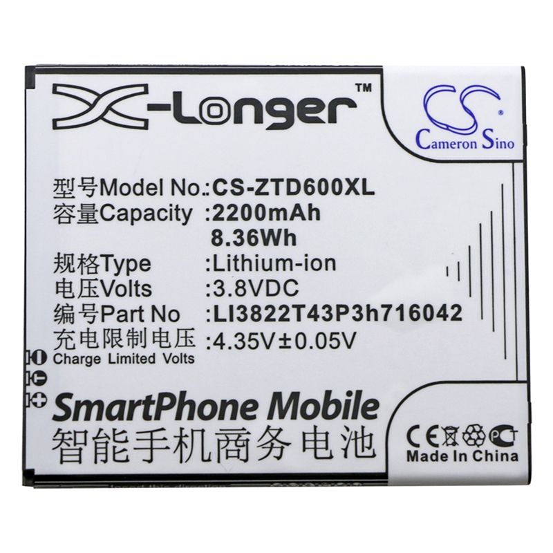 Li-ion Battery fits Zte, blade d6, blade d6 dual sim, d6 dual sim td-lte 3.8V, 2200mAh Mobile & SmartPhone Cameron Sino Technology Limited