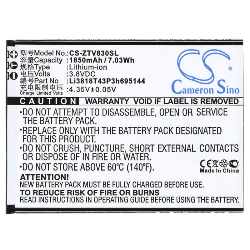 Li-ion Battery fits Zte, blade g lux, kis 3 max, v830 3.8V, 1850mAh Mobile & SmartPhone Cameron Sino Technology Limited