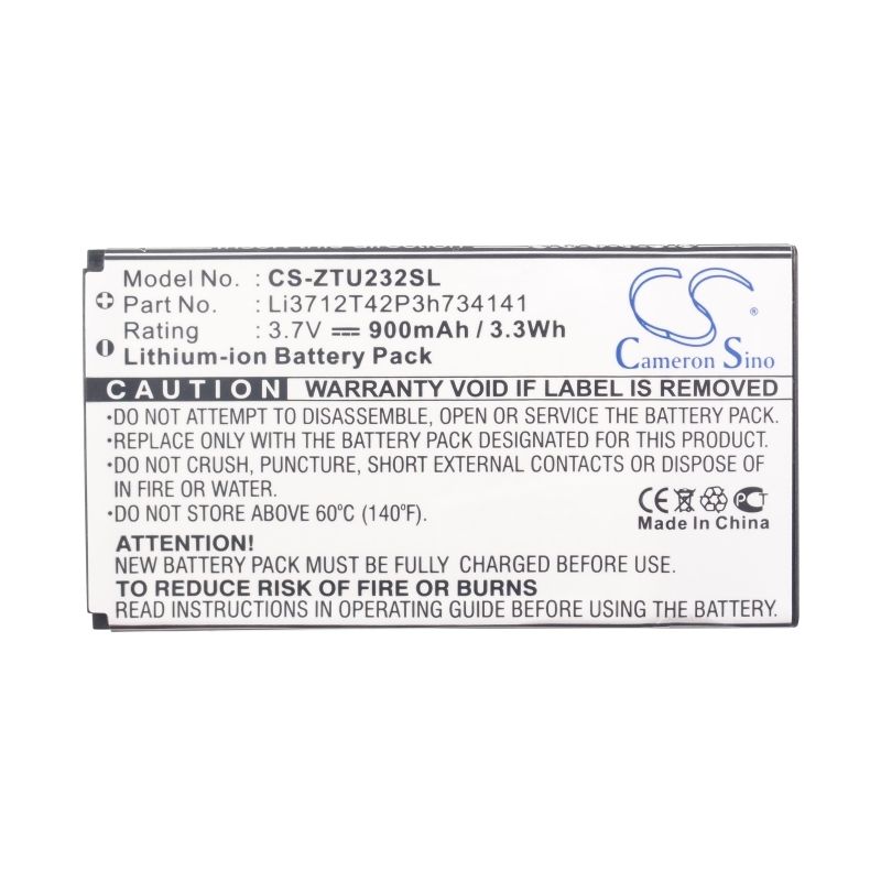 Li-ion Battery fits Zte, n960, u236, x920 3.7V, 900mAh Mobile & SmartPhone Cameron Sino Technology Limited