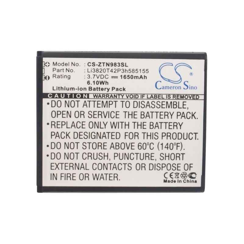 Li-ion Battery fits Zte, n983, solar, u960e 3.7V, 1650mAh Mobile & SmartPhone Cameron Sino Technology Limited
