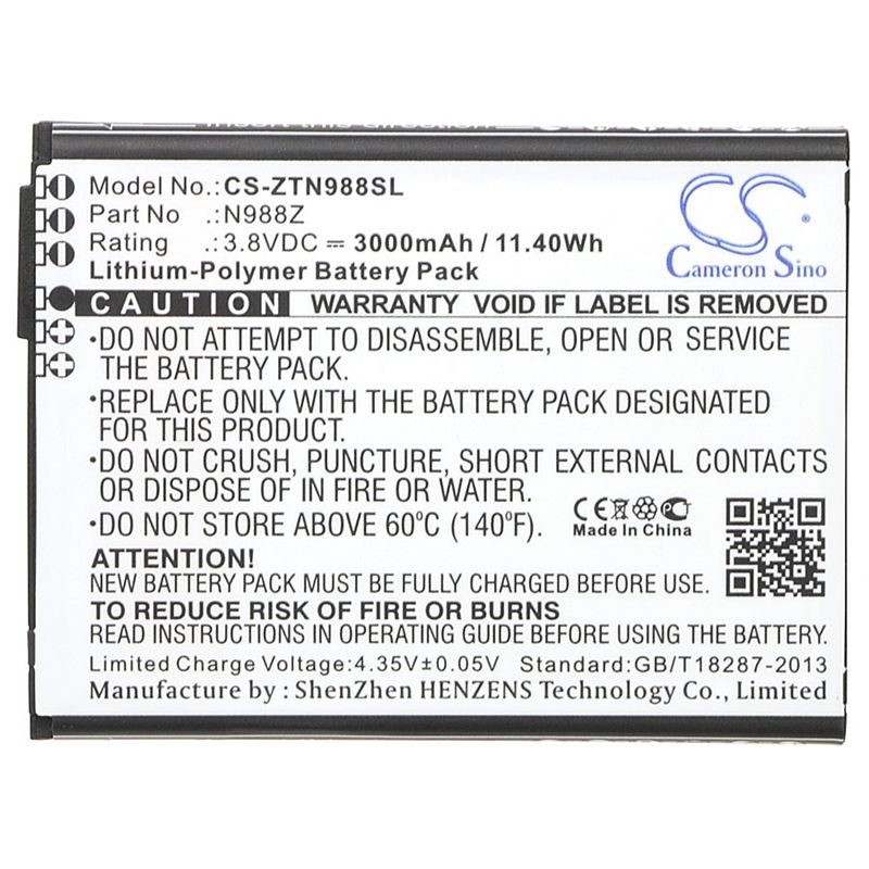 Li-Polymer Battery fits Zte, n988z 3.8V, 3000mAh Mobile & SmartPhone Cameron Sino Technology Limited