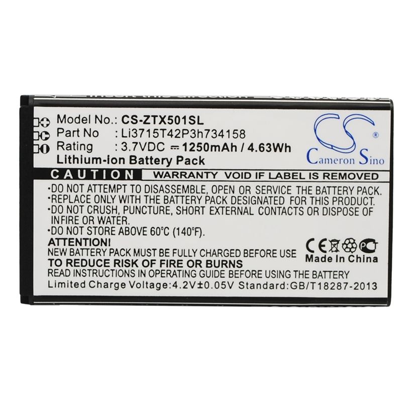 Li-ion Battery fits Zte, score m, x500m 3.7V, 1250mAh Mobile & SmartPhone Cameron Sino Technology Limited