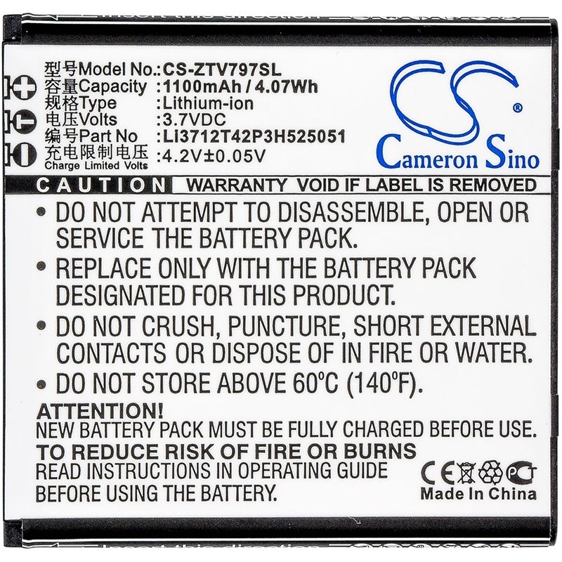 Li-ion Battery fits Zte, v797 3.7V, 1100mAh Communications Cameron Sino Technology Limited (Suspended)