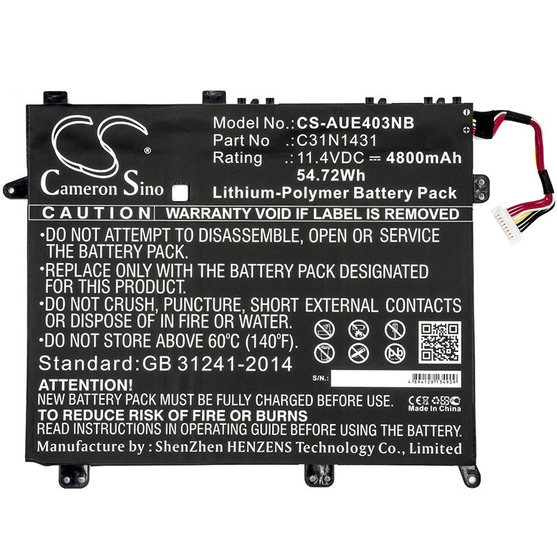 Li-Polymer Battery fits Asus, Eee Book E403s, Eee Book E403sa, Eee Pc E403s 11.4V, 4800mAh Notebook & Laptop Cameron Sino Technology Limited