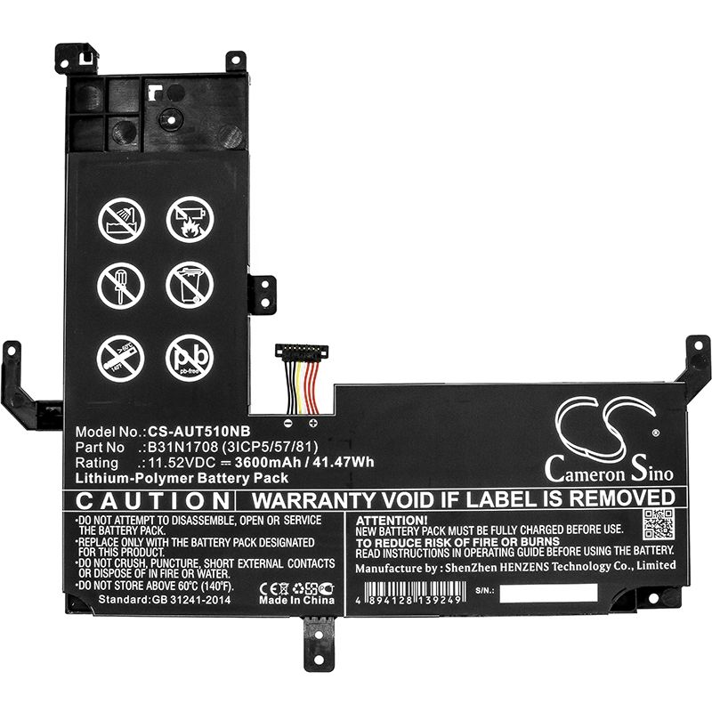 Li-Polymer Battery fits Asus, Vivobook Flip Tp510, Vivobook Flip Tp510ua 11.52V, 3600mAh Notebook & Laptop Cameron Sino Technology Limited