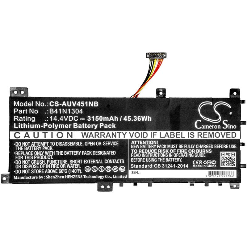 Li-Polymer Battery fits Asus, Vivobook V451la, Vivobook V451la-ds51t 14.4V, 3150mAh Notebook & Laptop Cameron Sino Technology Limited
